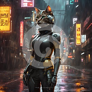 Meet Mia, an anthropomorphic feline robot girl with a sleek cyberpunk aesthetic. She combines earth tones in her design