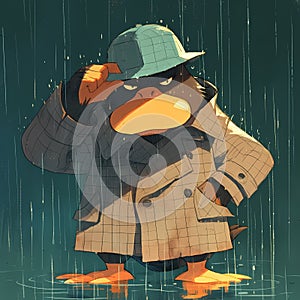 Determined Duck Detective in the Rain
