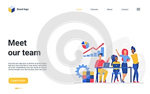 Meet our team landing page, corporate people team meeting in office, working together