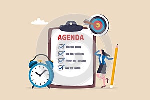 Meeting agenda, priority important task for discussion, objective or purpose to finish, planner or checklist for office work