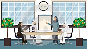 Meeting of arab businessmen, people groupe discuss agreement flat vector illustration.