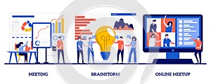 Meeting, brainstorm and online meetup concept with tiny people. Team communication vector illustration set. Corporate presentation