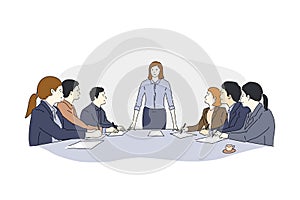 Meeting business people, vector illustration of teamwork, brainstorming office workers, discuss company strategy