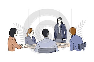Meeting business people, vector illustration of teamwork, brainstorming office workers, discuss company strategy
