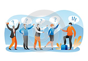 Meeting with business question from person character, vector illustration. Man woman people with speech bubble talk to