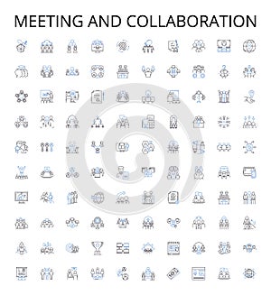 Meeting and collaboration outline icons collection. Coordinating, Collaborating, Connecting, Convening, Discussing photo
