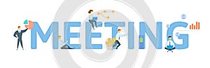 Meeting. Concept with keyword, people and icons. Flat vector illustration. Isolated on white.