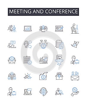 Meeting and conference line icons collection. Assembly, Gathering, Convention, Symposium, Forum, Session, Colloquium