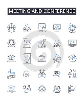 Meeting and conference line icons collection. Assembly, Gathering, Convention, Symposium, Forum, Session, Colloquium