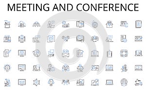 Meeting and conference line icons collection. Spices, Herbs, Vegetables, Fruits, Meats, Dairy, Grains vector and linear