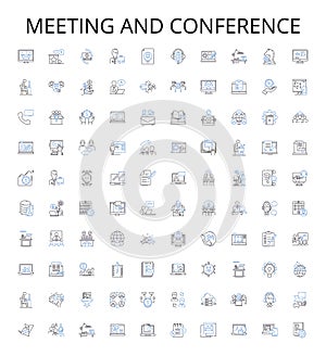 Meeting and conference outline icons collection. Conference, Meeting, Gatherings, Symposium, Forum, Seminar, Assembly photo
