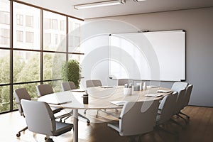 Meeting hall room with an oval conference table and a whiteboard. Generative AI