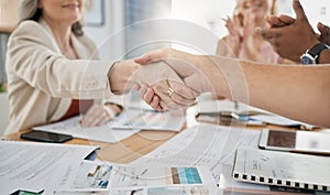 Meeting, handshake and welcome with a business woman in the office for a deal or agreement. Teamwork, collaboration and