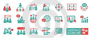 Meeting icon set. Solid icon collection. It contains seminars, business meetings, presentations, online meetings.