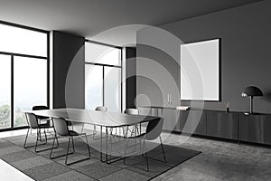 Meeting interior with seats and table, panoramic window, cabinet and mockup frame