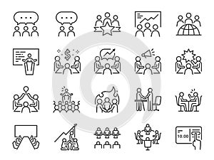 Meeting line icon set. Included icons as meeting room, team, teamwork, presentation, idea, brainstorm and more.