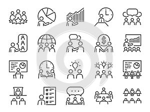 Meeting line icon set. Included icons as meeting room, team, teamwork, presentation, idea, brainstorm and more. photo