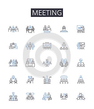 Meeting line icons collection. Conference, Assembly, Session, Gathering, Summit, Encounter, Rendezvous vector and linear