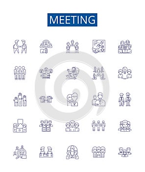 Meeting line icons signs set. Design collection of Gathering, Conclave, Conference, Reunion, Forum, Dialogue, Congress