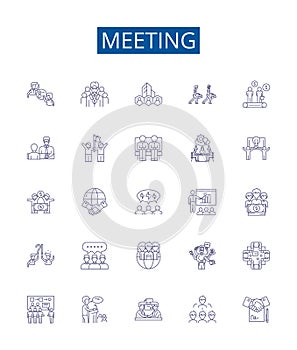 Meeting line icons signs set. Design collection of Gathering, Conclave, Conference, Reunion, Forum, Dialogue, Congress