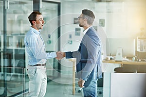 Meeting a new member of the team. two businessmen shaking hands in an office.