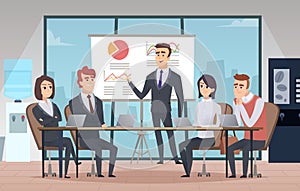 Meeting office interior. Business conference room with people managers working team vector cartoon interior