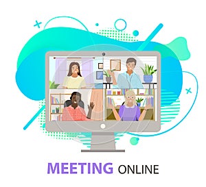 Meeting online, desktop computer with group of colleagues taking part in video conference