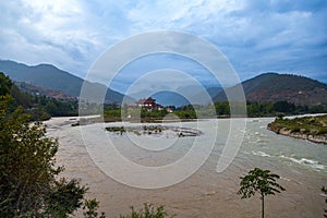 Meeting point of two rivers in Bhutan. Meeting point of Pho Chhu river and Mo Chhu river.