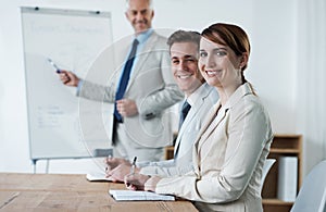 Meeting, presentation and business people, portrait and planning with collaboration or corporate training session