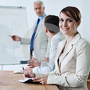 Meeting, presentation and business woman in portrait, notes for planning with collaboration or corporate training