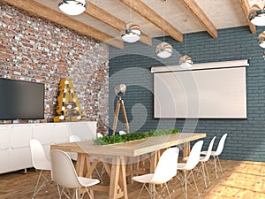 A meeting room with an empty white screen for the projector on the wall. The interior of the conference hall in loft style. 3D vis