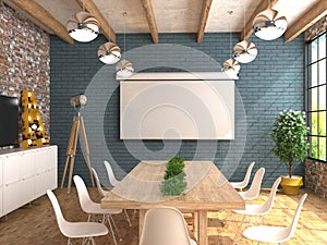 A meeting room with an empty white screen for the projector on the wall. The interior of the conference hall in loft style. 3D vis