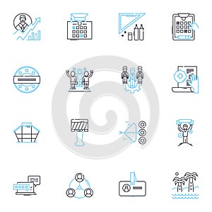 Meeting room linear icons set. Conference, Boardroom, Seminar, Executive, Training, Collaborative, Presentation line