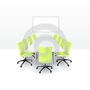 Meeting room in an office with big table, monitor or presentation board and with green color chairs. Office, working