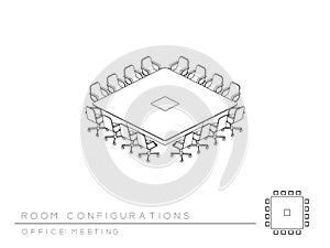 Collocamento distribuzione configurazione conferenza la piazza cittadina sala riunioni stile prospettiva  tridimensionale isometrico illustrazioni 
