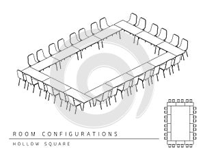 Meeting room setup layout configuration Hollow Square style, per photo