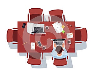 Meeting room with single worker semi flat RGB color vector illustration