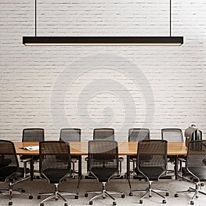 Meeting room with wooden table and chairs in front of the brick wall  interior wall mockup