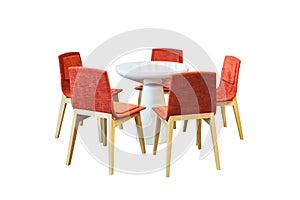 meeting round table and red office chairs for conference, isolated on white background