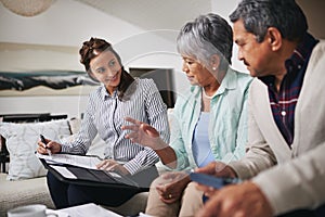 Meeting, senior couple and financial advisor or woman for asset management, retirement planning and finance advice