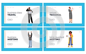 Meeting Services in Airport Landing Page Template Set. Male Female Characters Holding Welcome Banners Waiting Friend