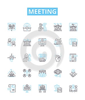 Meeting vector line icons set. Conference, Assembly, Dialogue, Forum, Gather, Caucus, Rendezvous illustration outline