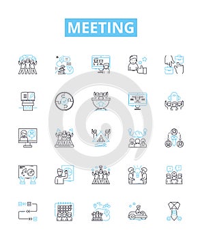 Meeting vector line icons set. Conference, Assembly, Dialogue, Forum, Gather, Caucus, Rendezvous illustration outline