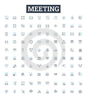 Meeting vector line icons set. Conference, Assembly, Dialogue, Forum, Gather, Caucus, Rendezvous illustration outline photo