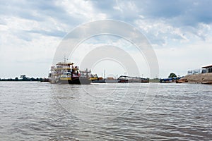 Meeting of Waters. Brazilian rivers confluence from Manaus