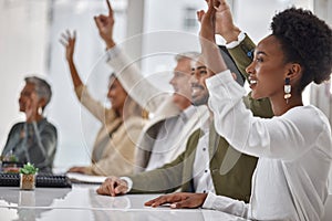 Meeting, workshop and questions with business people hands raised in the boardroom during a strategy session. Planning