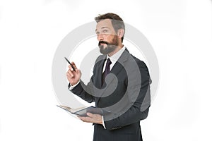 Before meeting write down information must convey and need ask. Businessman planning schedule hold notepad. Man bearded