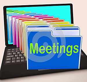 Meetings Folders Laptop Means Talk Discussion Or Conference