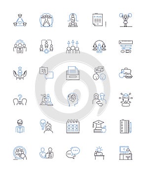 Meetings and gatherings line icons collection. Convene, Assemble, Conference, Assembly, Gather, Conclave, Symposium