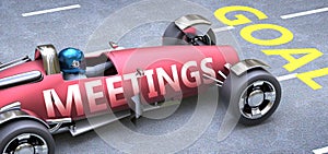 Meetings helps reaching goals, pictured as a race car with a phrase Meetings on a track as a metaphor of Meetings playing vital